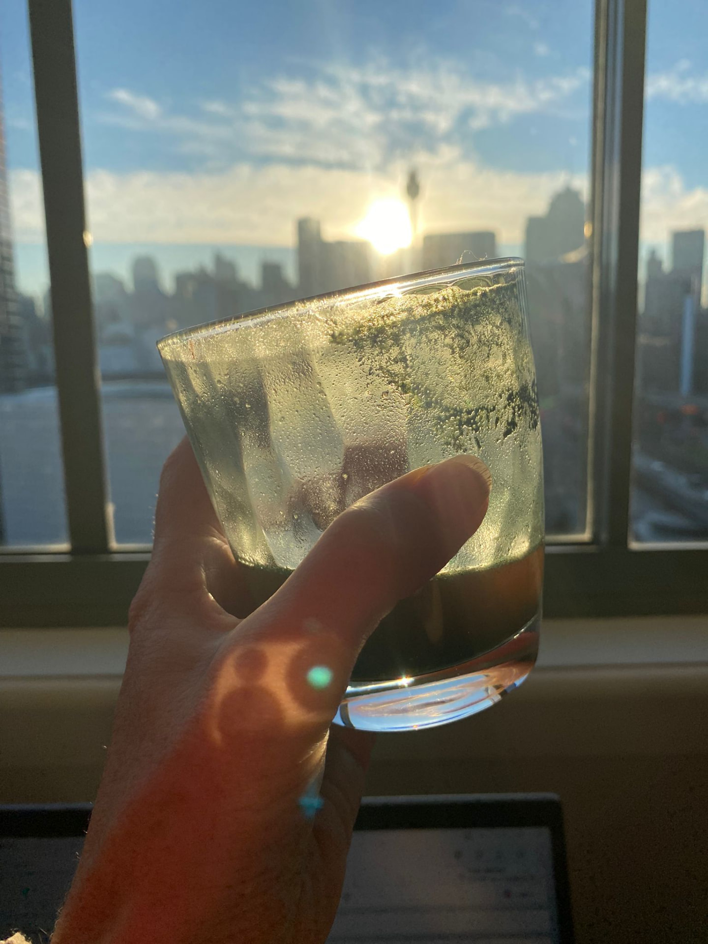 A glass of GreenSynergy Elixir held against a window with city skyline at sunset